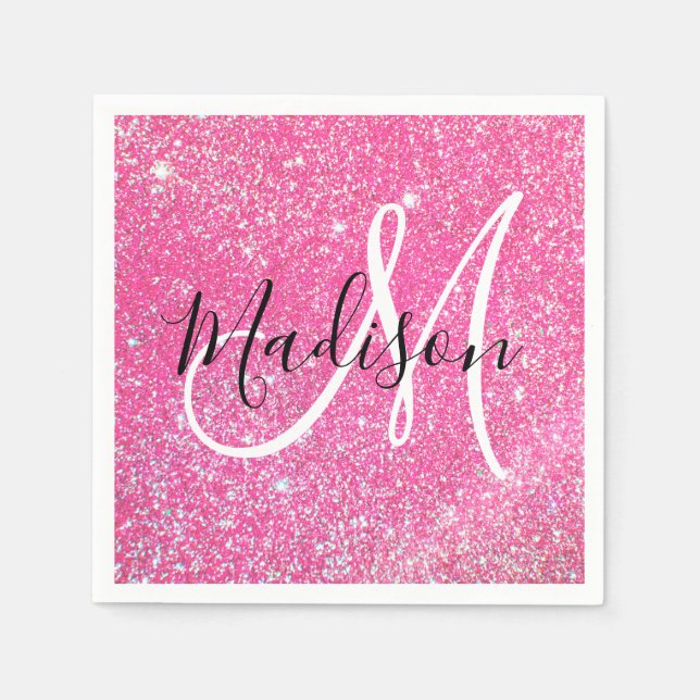 Girly Glam Hot Pink Glitter Sparkles Monogram Name Napkin (Front)