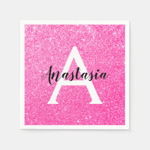 Girly Glam Hot Pink Glitter Sparkles Monogram Name Napkin