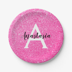 Girly Glam Hot Pink Glitter Sparkles Monogram Name Paper Plate