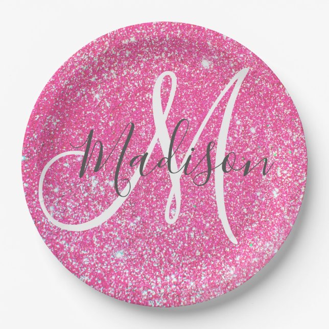 Girly Glam Hot Pink Glitter Sparkles Monogram Name Paper Plate (Front)