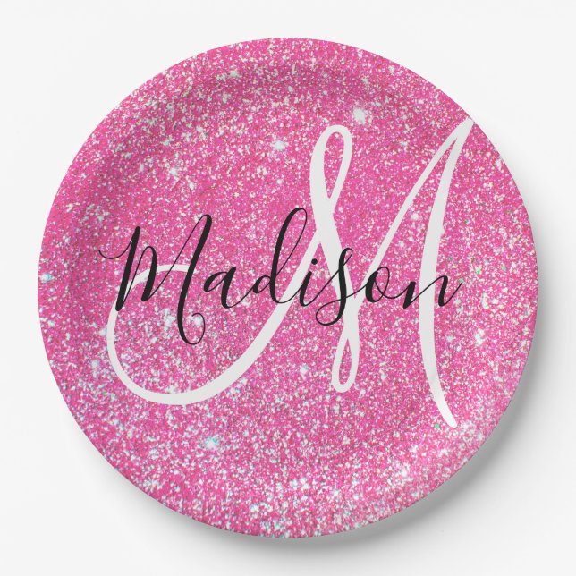 Girly Glam Hot Pink Glitter Sparkles Monogram Name Paper Plate (Front)