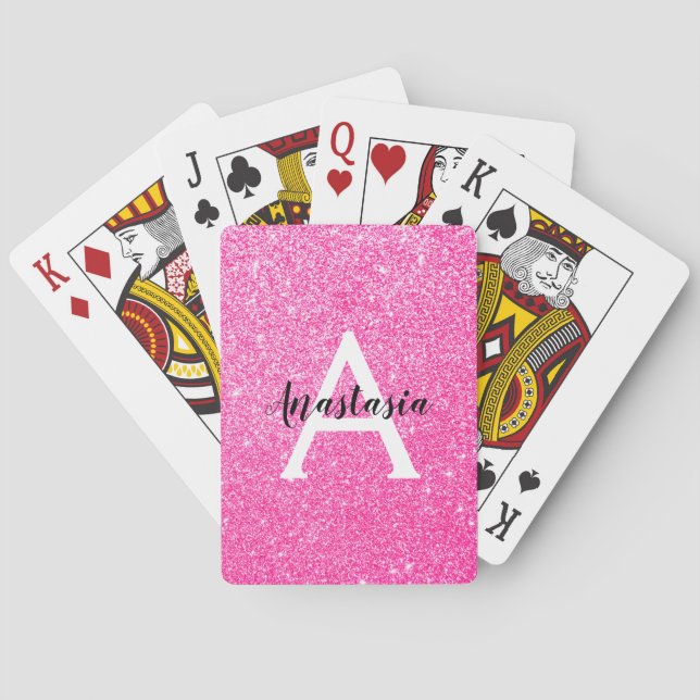 Girly Glam Hot Pink Glitter Sparkles Monogram Name Playing Cards (Back)