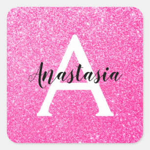 Girly Glam Hot Pink Glitter Sparkles Monogram Name Square Sticker