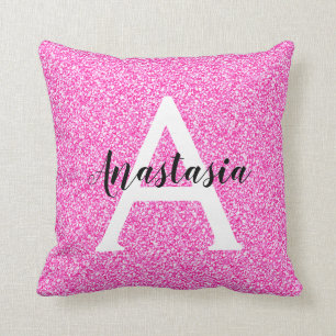 Girly Glam Hot Pink Glitter Sparkles Monogram Name Throw Pillow