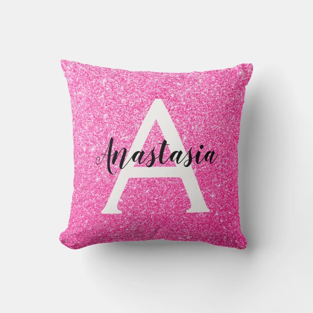 Girly Glam Hot Pink Glitter Sparkles Monogram Name Throw Pillow (Front)