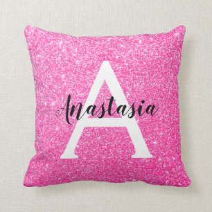Girly Glam Hot Pink Glitter Sparkles Monogram Name Throw Pillow