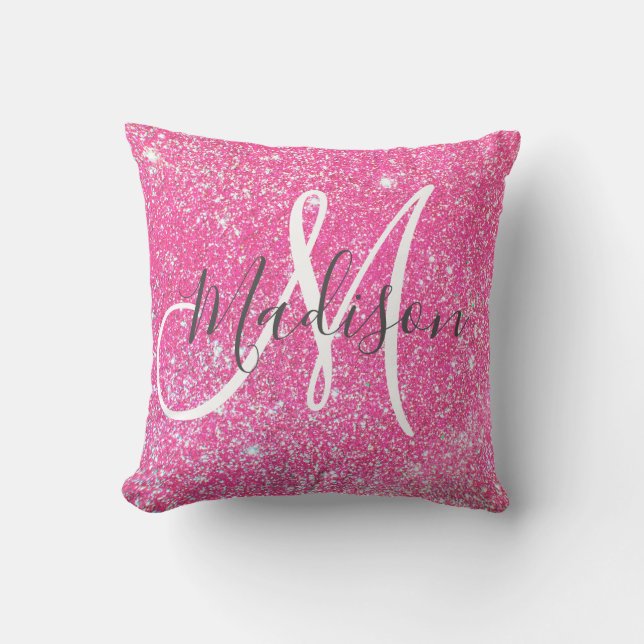 Girly Glam Hot Pink Glitter Sparkles Monogram Name Throw Pillow (Front)