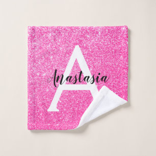 Girly Glam Hot Pink Glitter Sparkles Monogram Name Wash Cloth