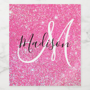 Girly Glam Hot Pink Glitter Sparkles Monogram Name Wine Label