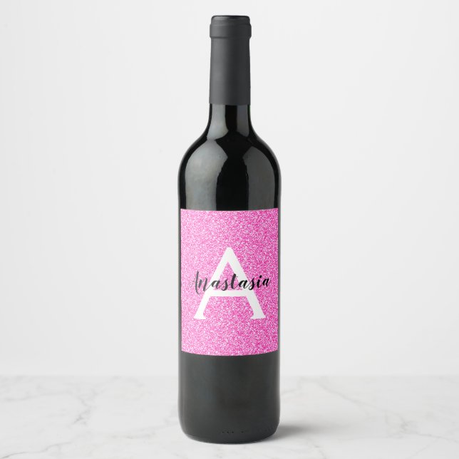 Girly Glam Hot Pink Glitter Sparkles Monogram Name Wine Label (Front)