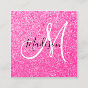 Girly & Glam Hot Pink Glitter Sparkles Monogram Square Business Card