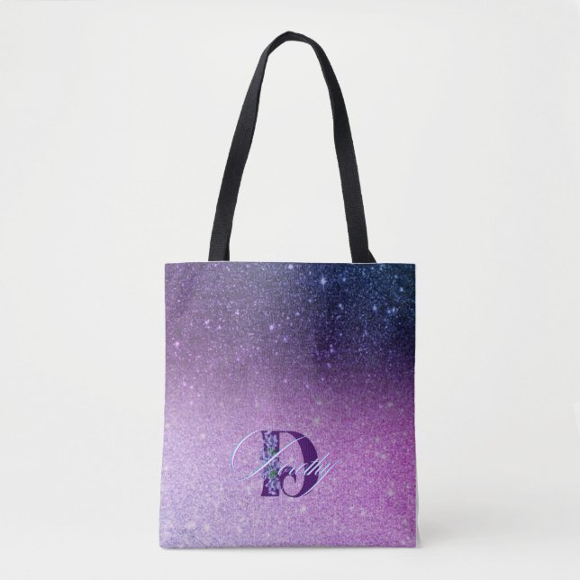 Girly Glam Hot Purple Glitter Sparkles Monogram  Tote Bag (Front)