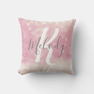 Girly Glam Light Pink Sparkles Monogram Name Throw Pillow