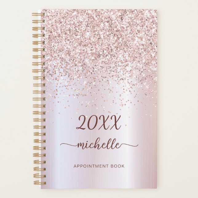 Girly Glam Metal Rose Gold Glitter Monogram 2023 Planner (Front)