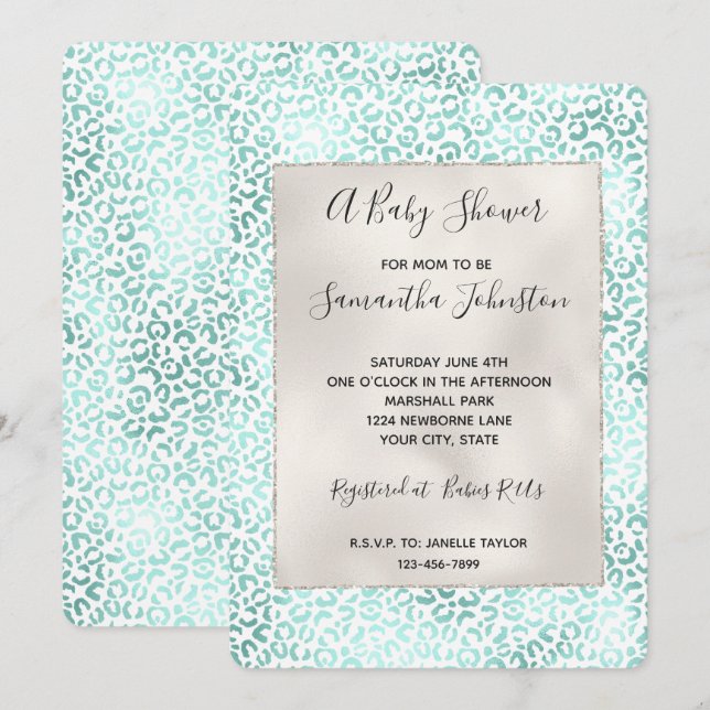 Girly Glam Mint Leopard Print Invitation (Front/Back)
