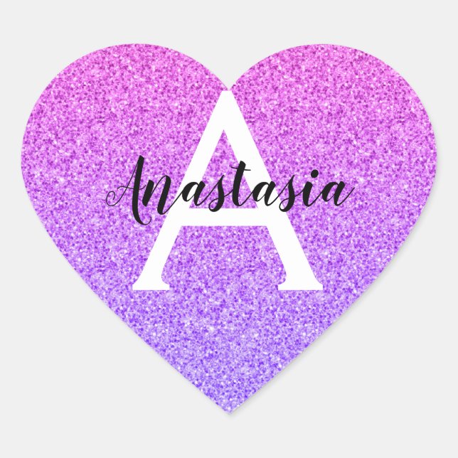 Girly Glam Ombre Purple Glitter Sparkles Monogram Heart Sticker (Front)
