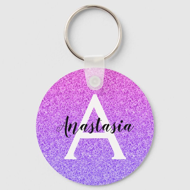 Girly Glam Ombre Purple Glitter Sparkles Monogram Keychain (Front)