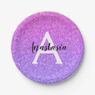 Girly Glam Ombre Purple Glitter Sparkles Monogram Paper Plate