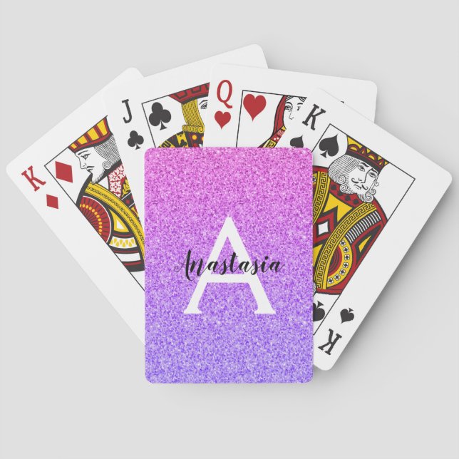 Girly Glam Ombre Purple Glitter Sparkles Monogram Playing Cards (Back)