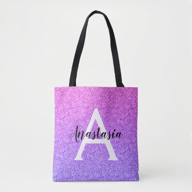 Girly Glam Ombre Purple Glitter Sparkles Monogram Tote Bag (Front)