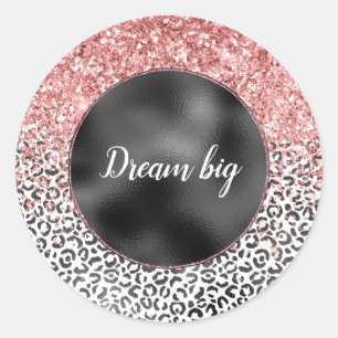 Girly Glam Pink Black White Leopard Print Glitter Classic Round Sticker