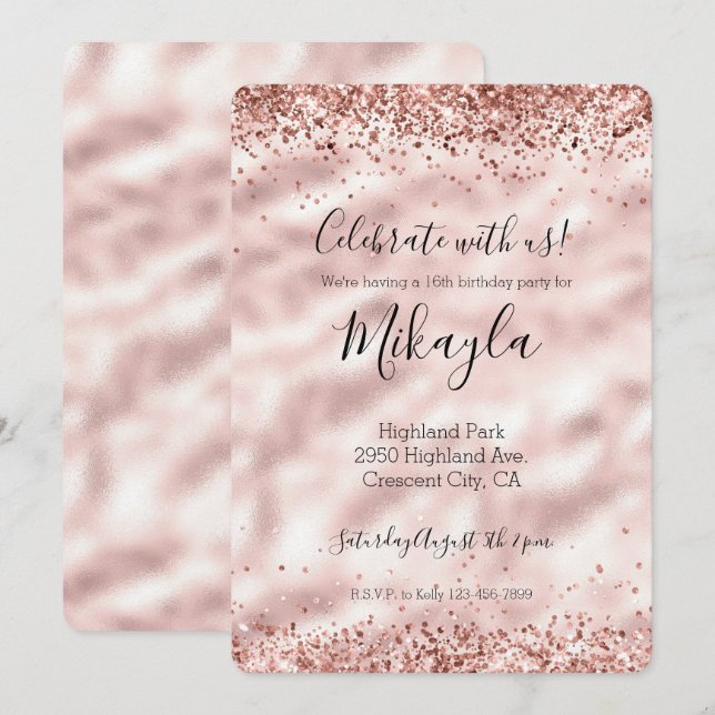 Girly Glam Pink Glitter Sparkle Confetti Invitation (Front/Back)