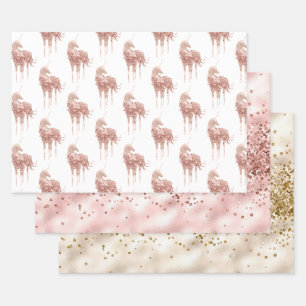 Girly Glam Pink Gold Confetti Glitter Unicorn Wrapping Paper Sheet