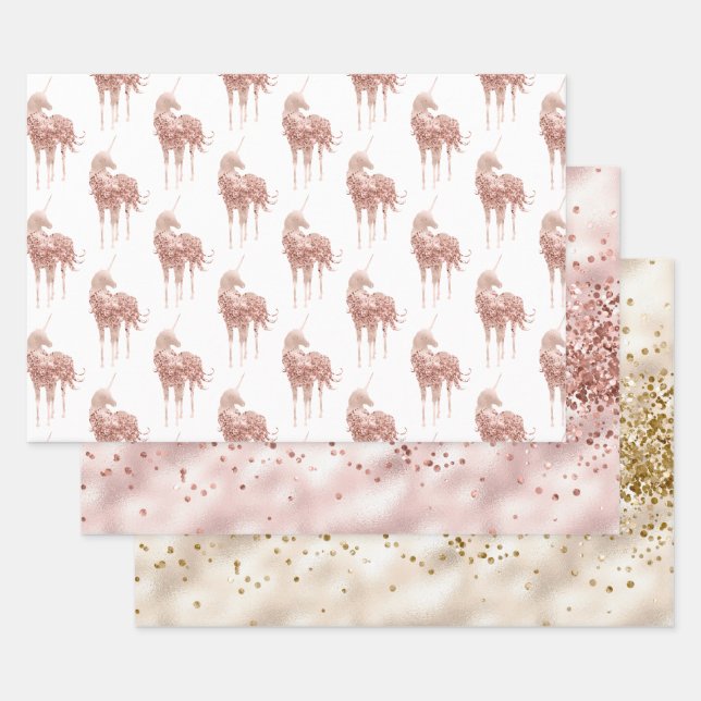 Girly Glam Pink Gold Confetti Glitter Unicorn Wrapping Paper Sheet (Set)