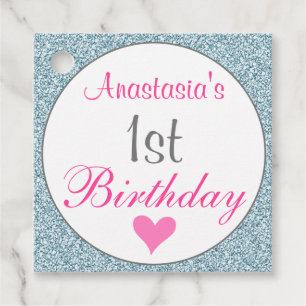 Girly Glam Pink & Light Blue Glitter 1st Birthday Favour Tags
