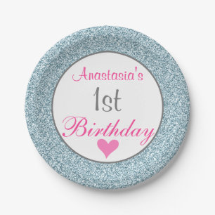 Girly Glam Pink & Light Blue Glitter 1st Birthday Paper Plate