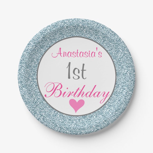 Girly Glam Pink & Light Blue Glitter 1st Birthday Paper Plate (Front)