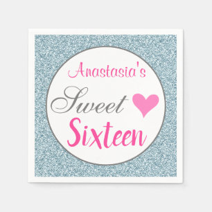 Girly & Glam Pink Light Blue Glitter Sweet Sixteen Napkin