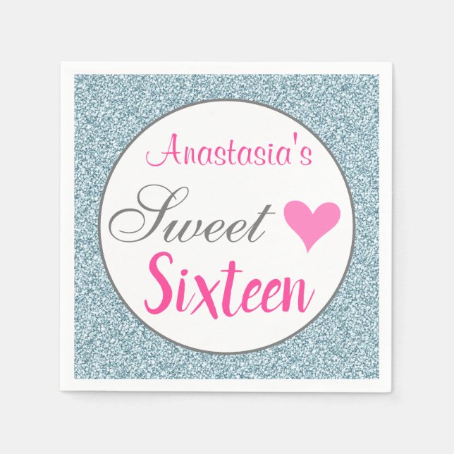 Girly & Glam Pink Light Blue Glitter Sweet Sixteen Napkin (Front)