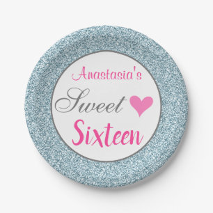 Girly & Glam Pink Light Blue Glitter Sweet Sixteen Paper Plate