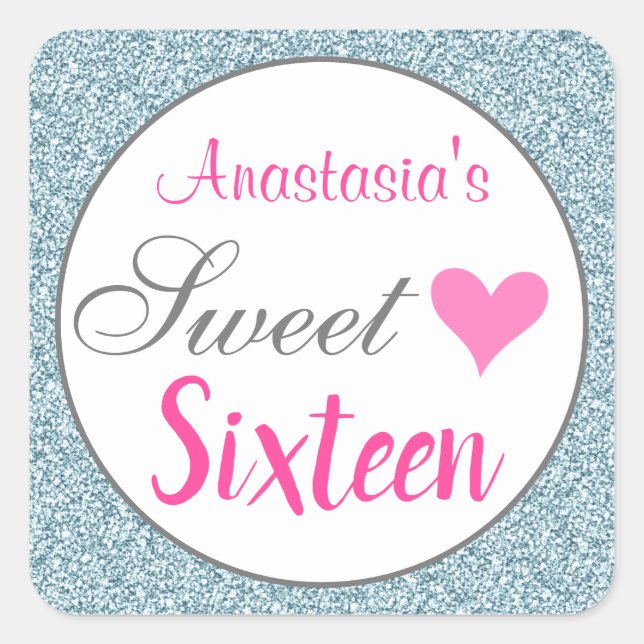 Girly & Glam Pink Light Blue Glitter Sweet Sixteen Square Sticker (Front)
