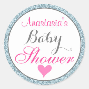 Girly Glam Pink Light Sky Blue Glitter Baby Shower Classic Round Sticker