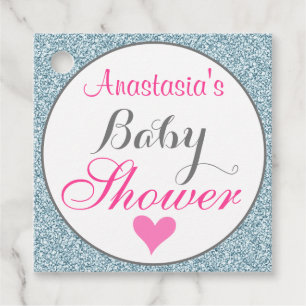 Girly Glam Pink Light Sky Blue Glitter Baby Shower Favour Tags
