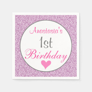 Girly Glam Pink Lilac Purple Glitter 1st Birthday Napkin