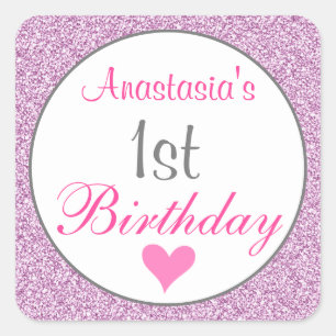 Girly Glam Pink Lilac Purple Glitter 1st Birthday Square Sticker