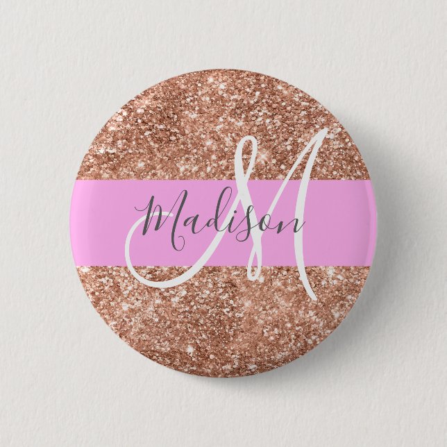 Girly Glam Pink Peach Gold Glitter Monogram Name 2 Inch Round Button (Front)