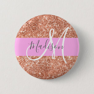 Girly Glam Pink Peach Gold Glitter Monogram Name 2 Inch Round Button