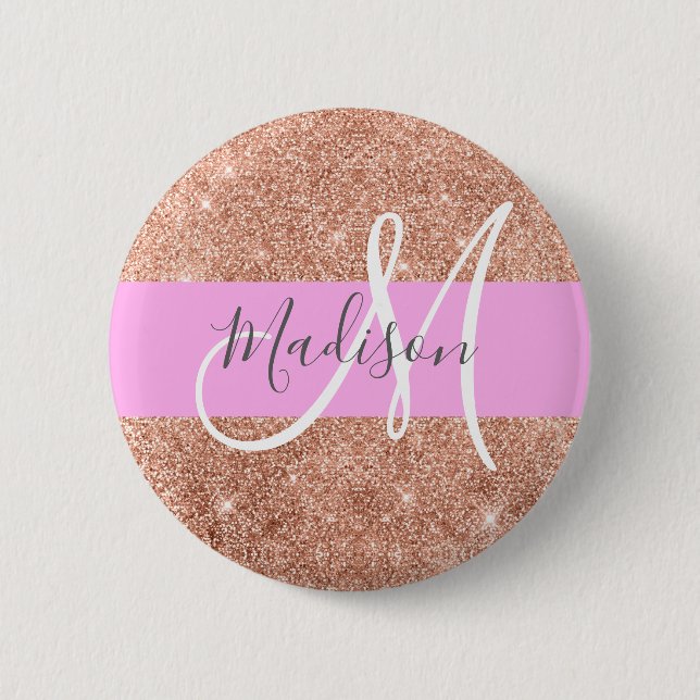 Girly Glam Pink Peach Gold Glitter Monogram Name 2 Inch Round Button (Front)