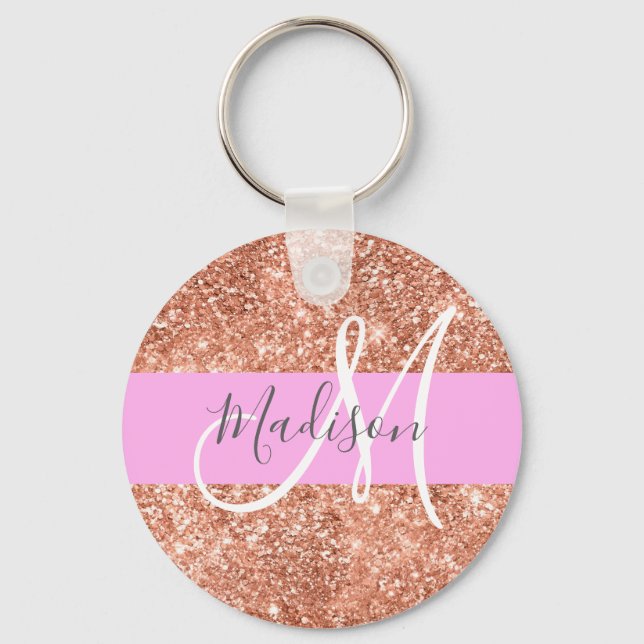 Girly Glam Pink Peach Gold Glitter Monogram Name Keychain (Front)