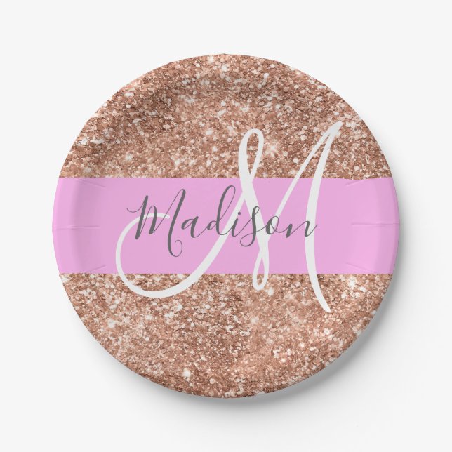Girly Glam Pink Peach Gold Glitter Monogram Name Paper Plate (Front)