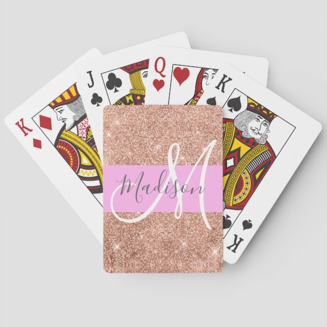Girly Glam Pink Peach Gold Glitter Monogram Name Playing Cards (Back)