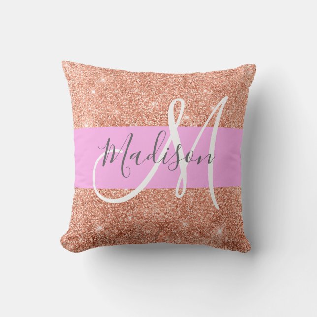 Girly Glam Pink Peach Gold Glitter Monogram Name Throw Pillow (Front)