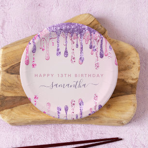 Girly Glam Pink Purple Glitter Drip 13th Birthday Paper Plate