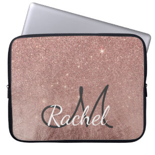 Girly Glam Pink Rose Gold Foil Glitter Monogram Laptop Sleeve