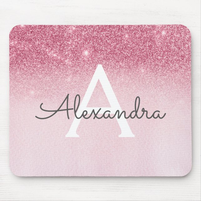Girly Glam Pink Sparkle Glitter Monogram Mouse Pad (Front)