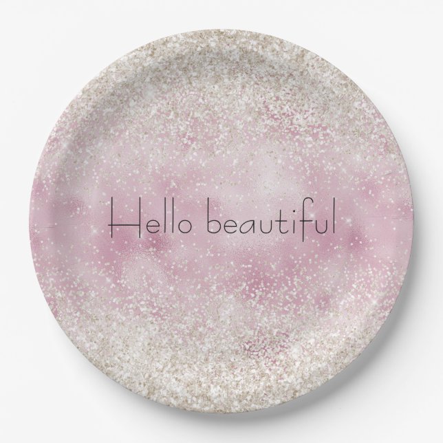 Girly Glam Pink White Glitter Sparkle Paper Plate (Front)